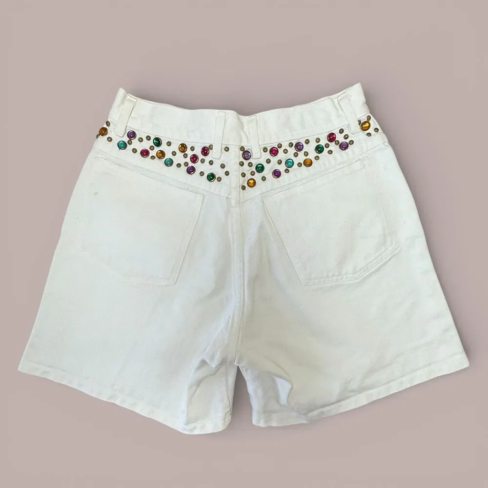 Vtg Bedazzled Bling White Mom Shorts Size 8 Rodeo Western Festival Party 90s